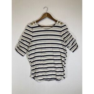 Nautical 89th + Madison Womens Medium Blue Cream Striped Ruched Button Top